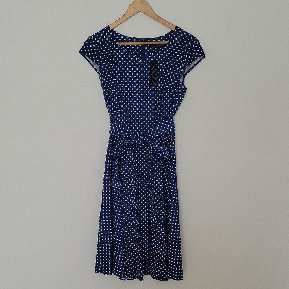 Truth & Fable Nautical Navy & White Polka Dot Fit & Flare Midi Dress NWT Size M